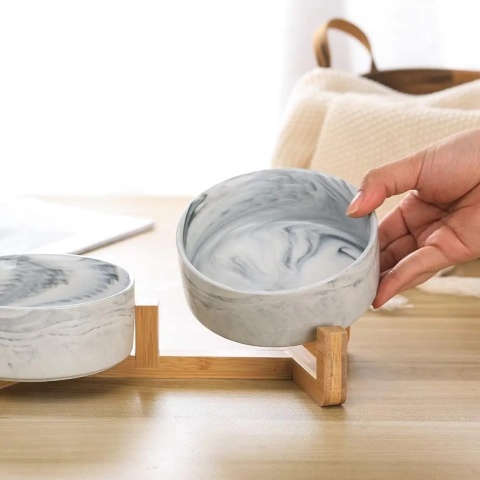 Miska dla psa kota podwójna ceramiczna miski na stojaku marmur 800ml