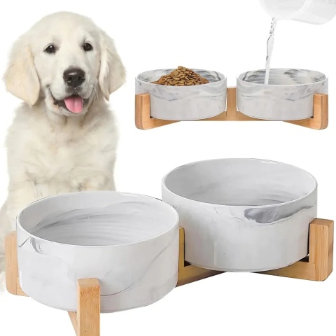 Miska dla psa kota podwójna ceramiczna miski na stojaku marmur 800ml